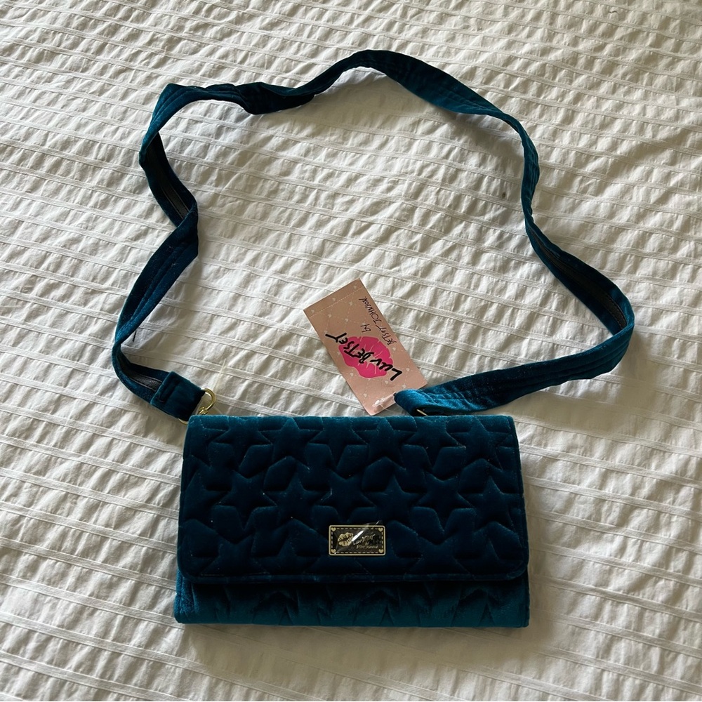 Betsey Johnson Teal Velvet Crossbody Wallet - NWT